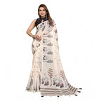 Women's Linen Cotton Printed Saree With Unstitched Blouse 5.5Mtr (Off White)