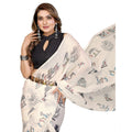 Women's Linen Cotton Printed Saree With Unstitched Blouse 5.5Mtr (Off White)