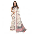 Women's Linen Cotton Printed Saree With Unstitched Blouse 5.5Mtr (Off White)