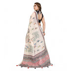 Women's Linen Cotton Printed Saree With Unstitched Blouse 5.5Mtr (Off White)