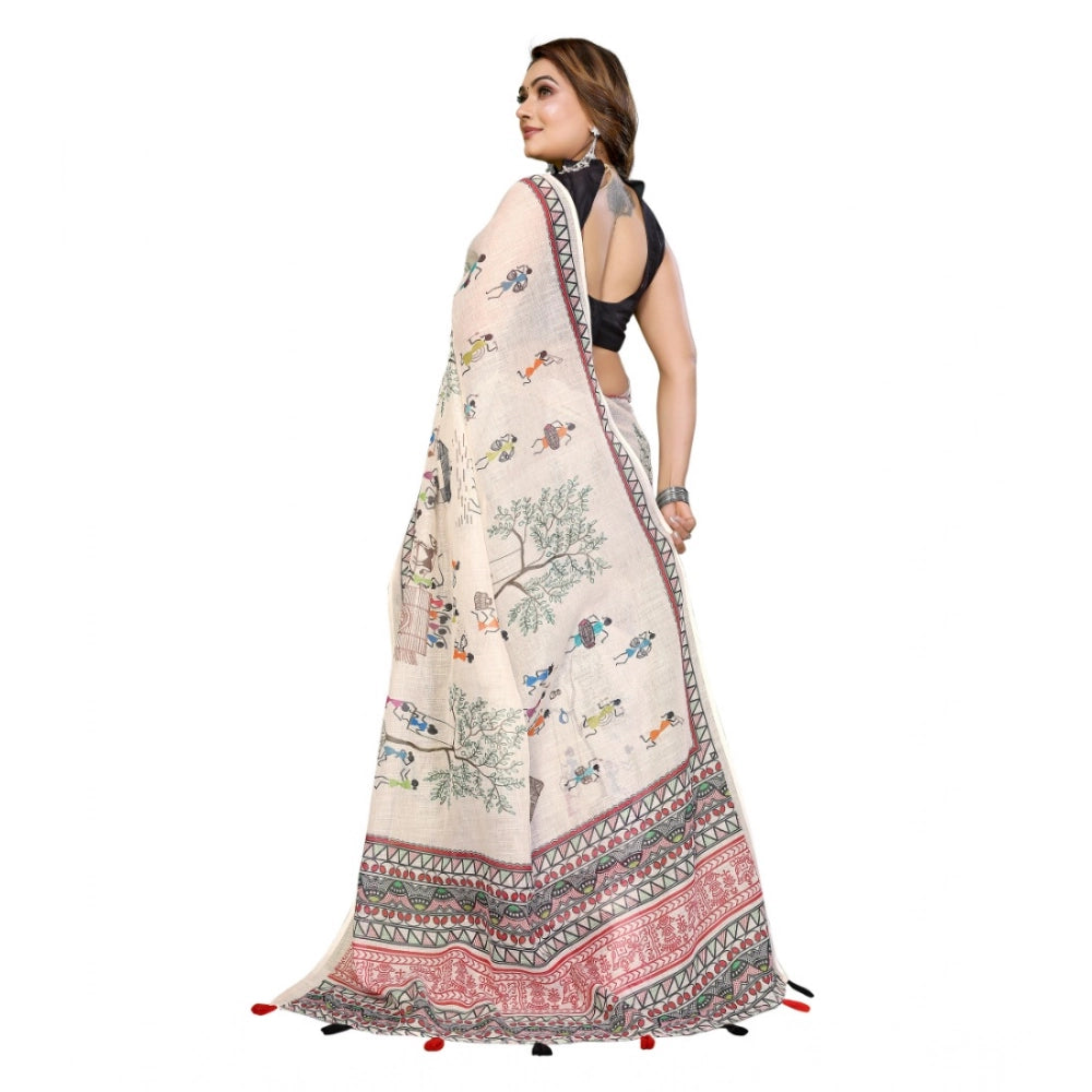 Women's Linen Cotton Printed Saree With Unstitched Blouse 5.5Mtr (Off White)