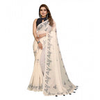 Women's Linen Cotton Printed Saree With Unstitched Blouse 5.5Mtr (Off White)