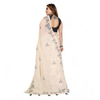Women's Linen Cotton Printed Saree With Unstitched Blouse 5.5Mtr (Off White)