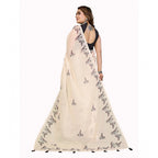 Women's Linen Cotton Printed Saree With Unstitched Blouse 5.5Mtr (Off White)