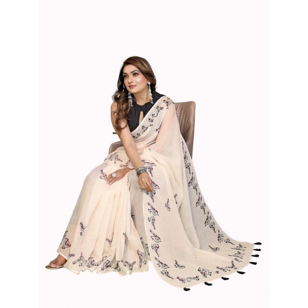 Women's Linen Cotton Printed Saree With Unstitched Blouse 5.5Mtr (Off White)