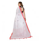 Women's Linen Cotton Printed Saree With Unstitched Blouse 5.5Mtr (White)