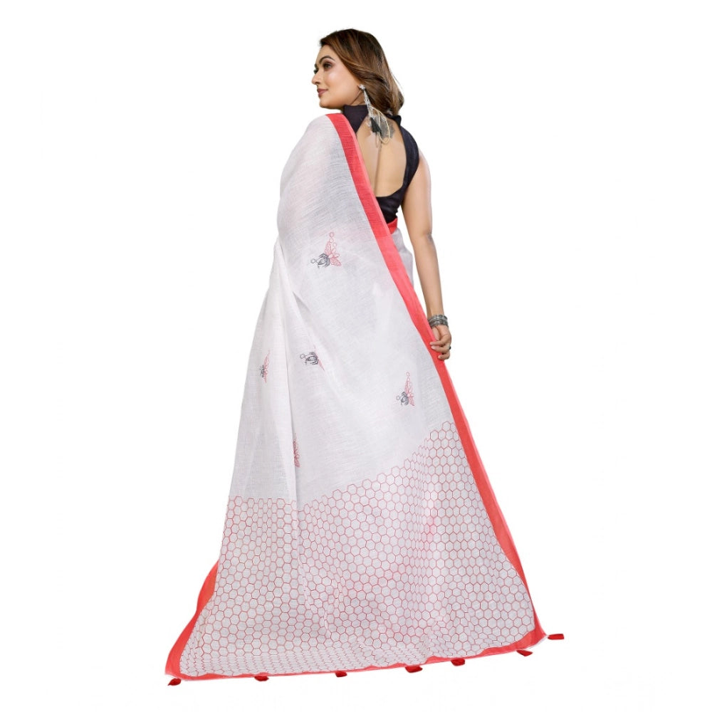 Women's Linen Cotton Printed Saree With Unstitched Blouse 5.5Mtr (White)