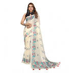 Women's Linen Cotton Printed Saree With Unstitched Blouse 5.5Mtr (Off White)