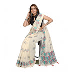 Women's Linen Cotton Printed Saree With Unstitched Blouse 5.5Mtr (Off White)