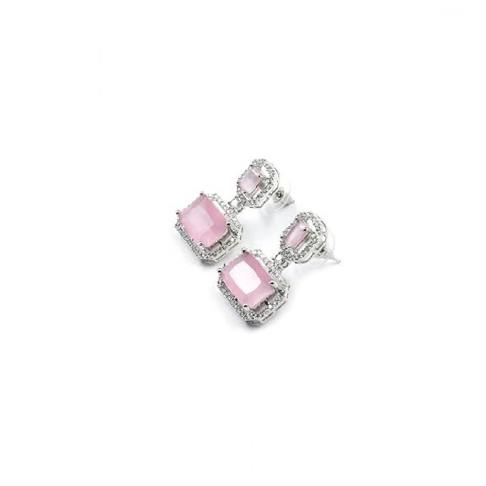 Women's Brass Silver Plated Drop Earrings (Pink)