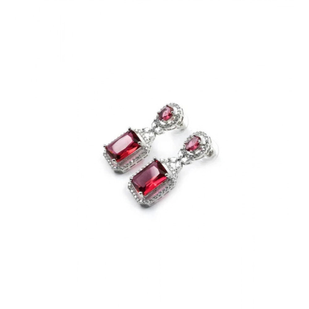Women's Brass Silver Plated Drop Earrings (Red)