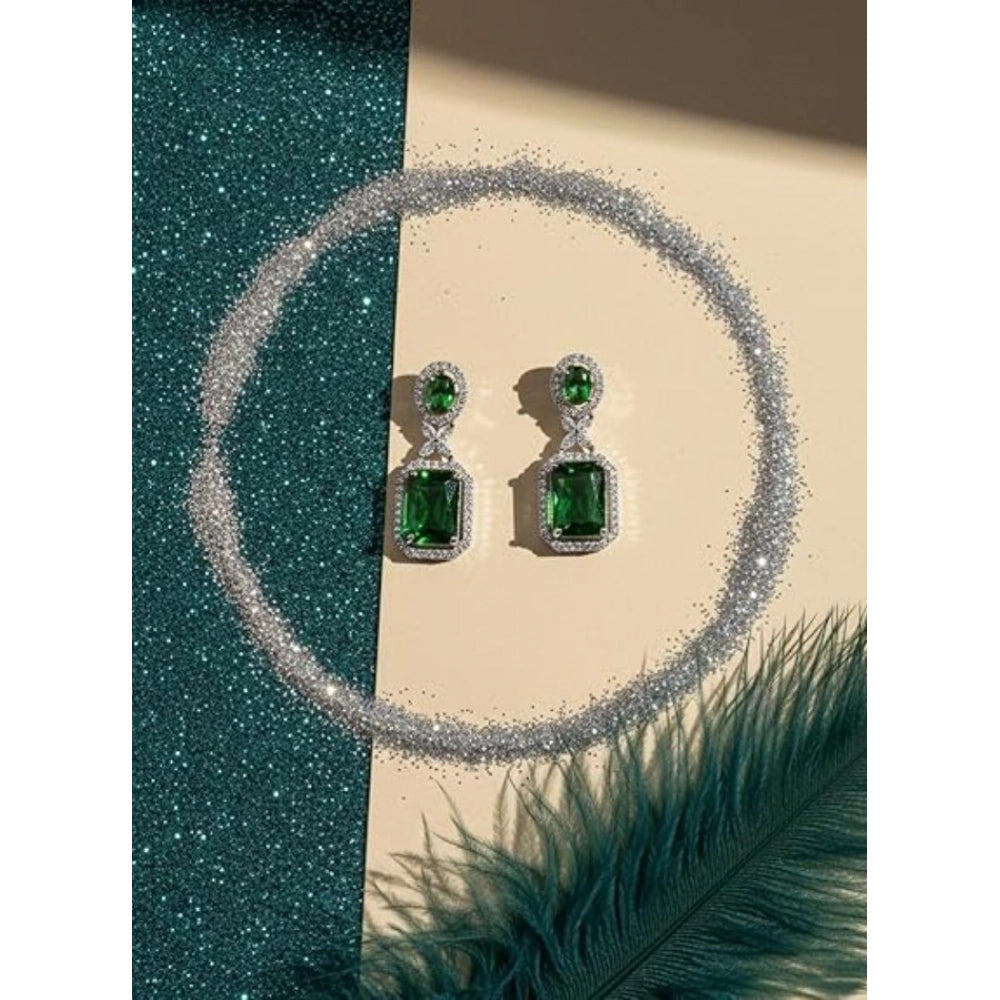 Women's Brass Silver Plated Drop Earrings (Green)