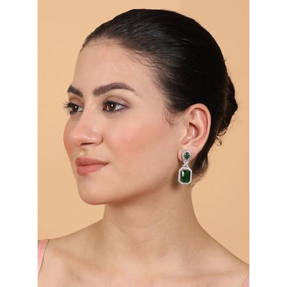 Women's Brass Silver Plated Drop Earrings (Green)