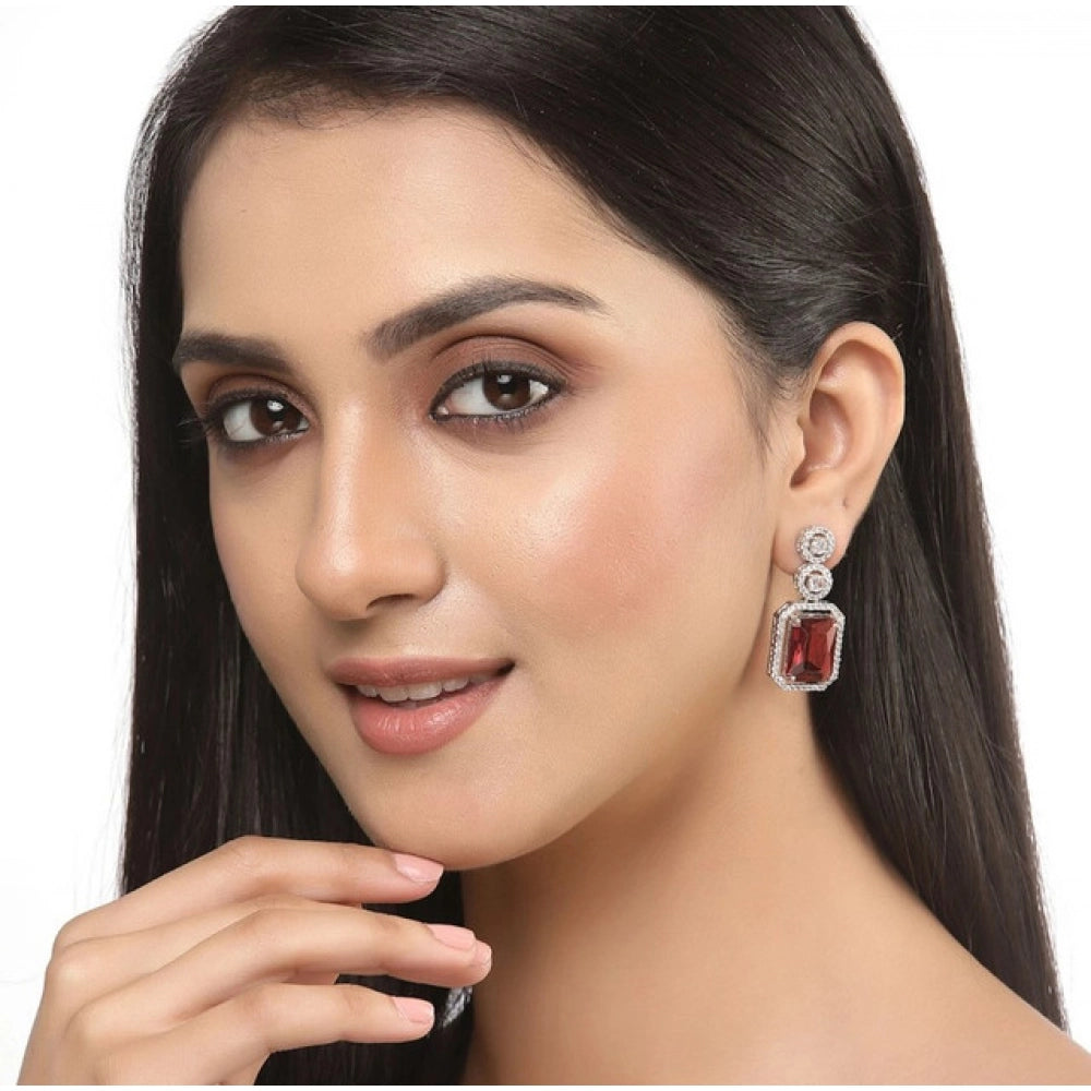 Women's Brass Silver Plated Drop Earrings (Red)
