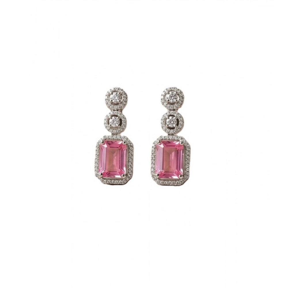 Women's Brass Silver Plated Drop Earrings (Pink)