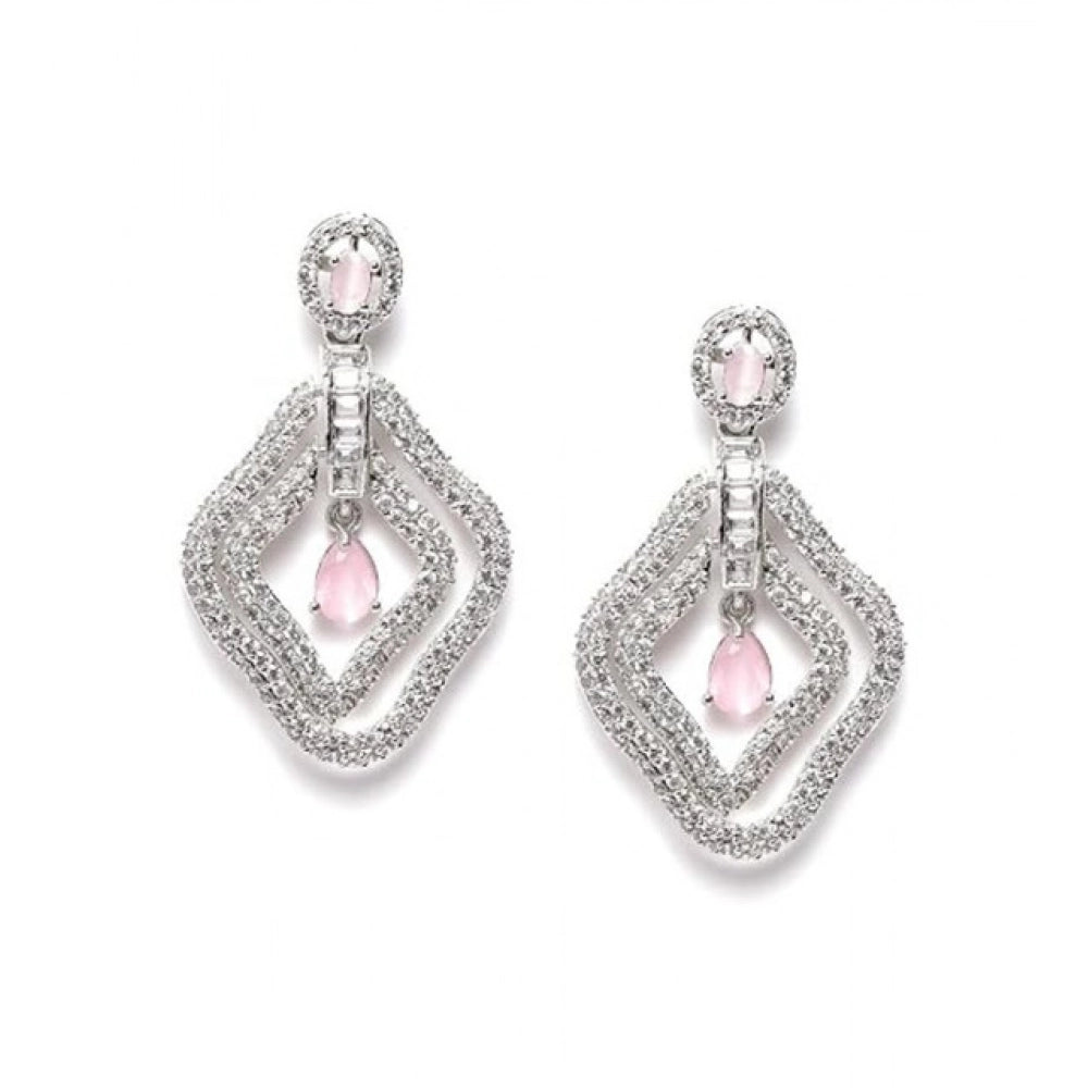 Women's Brass Silver Plated Drop Earrings (Pink)