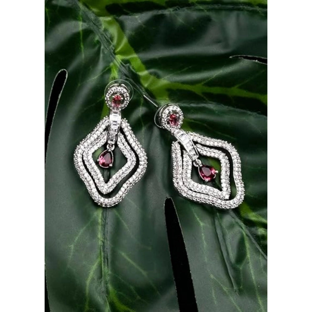 Women's Brass Silver Plated Drop Earrings (Red)