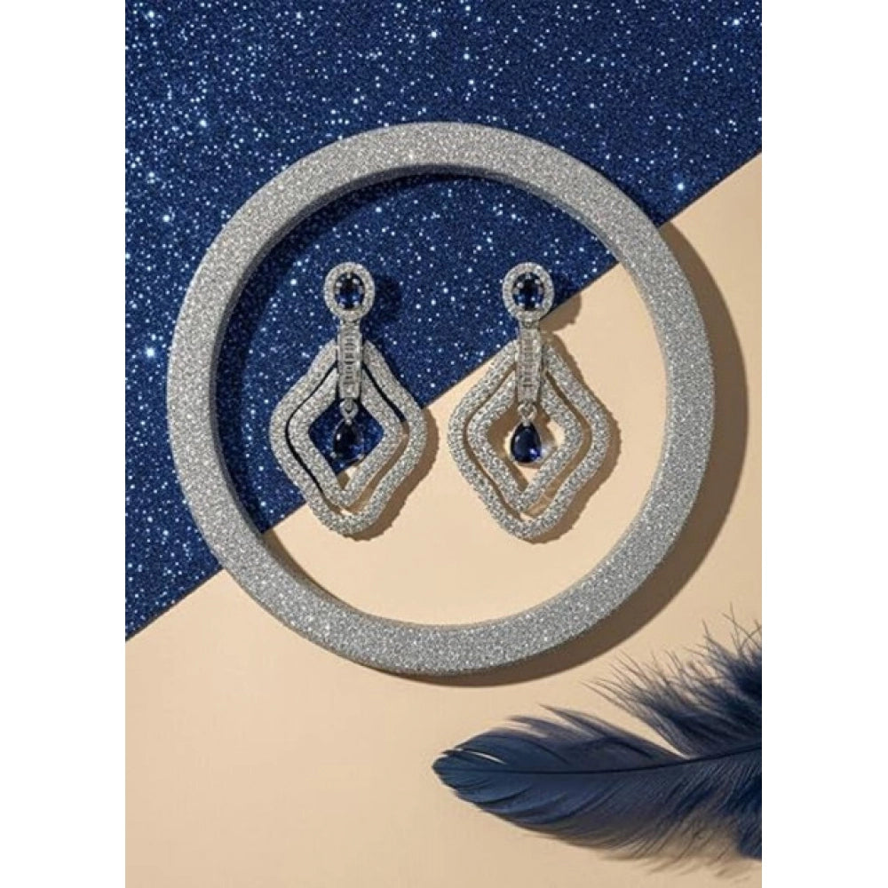 Women's Brass Silver Plated Drop Earrings (Blue)
