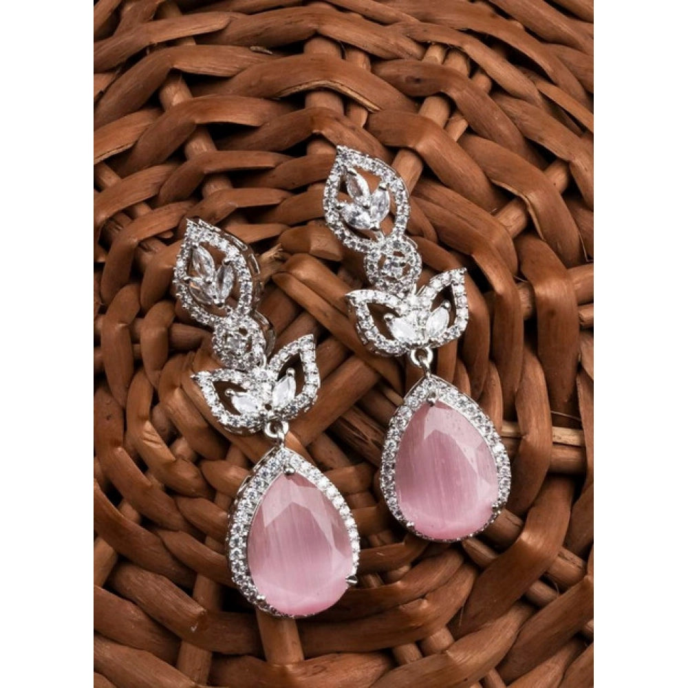 Women's Brass Silver Plated Drop Earrings (Pink)