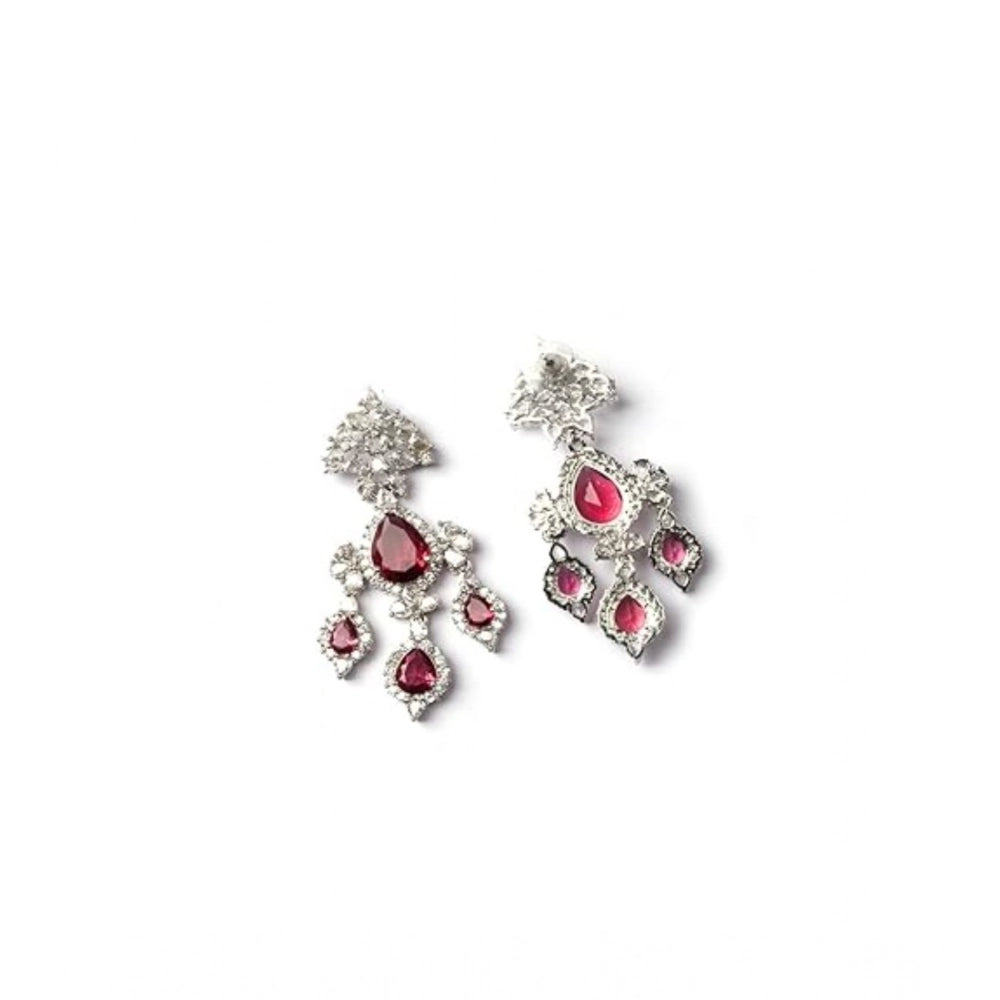 Women's Brass Silver Plated Drop Earrings (Red)