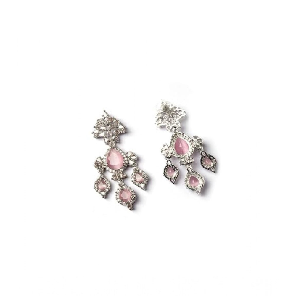 Women's Brass Silver Plated Drop Earrings (Pink)