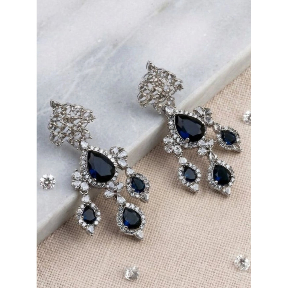 Women's Brass Silver Plated Drop Earrings (Blue)