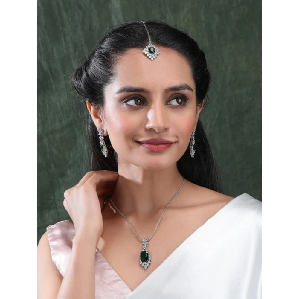 Women's Brass Silver Plated Pendant Set (Green)