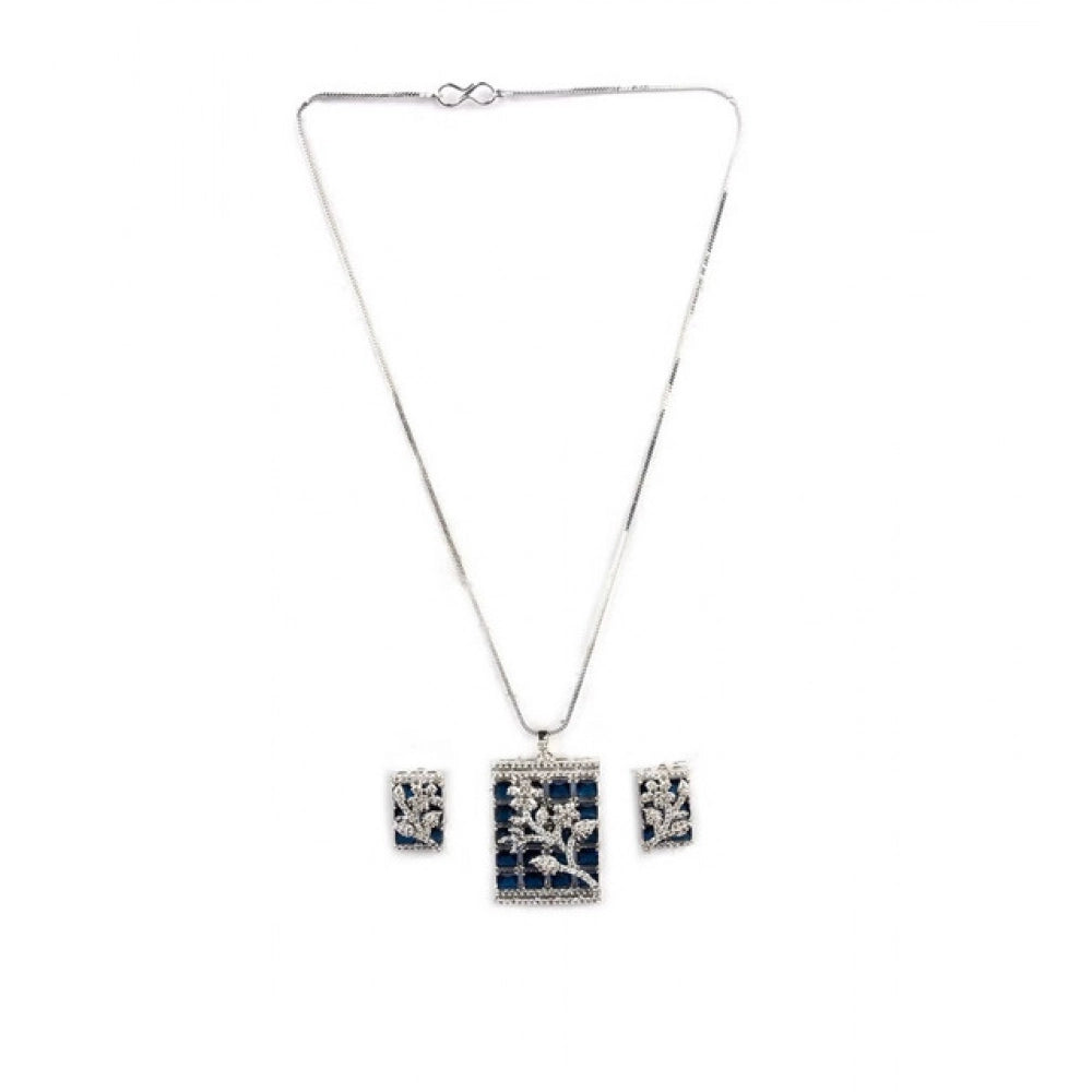 Women's Brass Silver Plated Pendant Set (Blue)