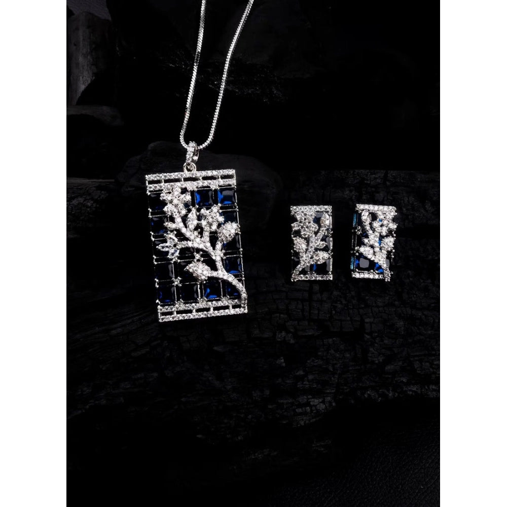 Women's Brass Silver Plated Pendant Set (Blue)