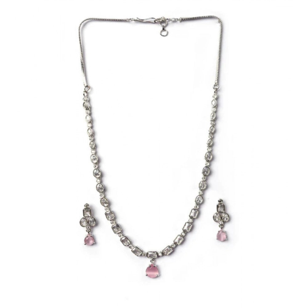 Women's Brass Silver Plated Necklace set (Pink)