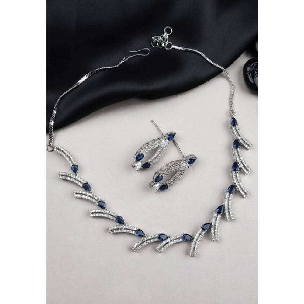 Women's Brass Silver Plated Necklace set (Blue)