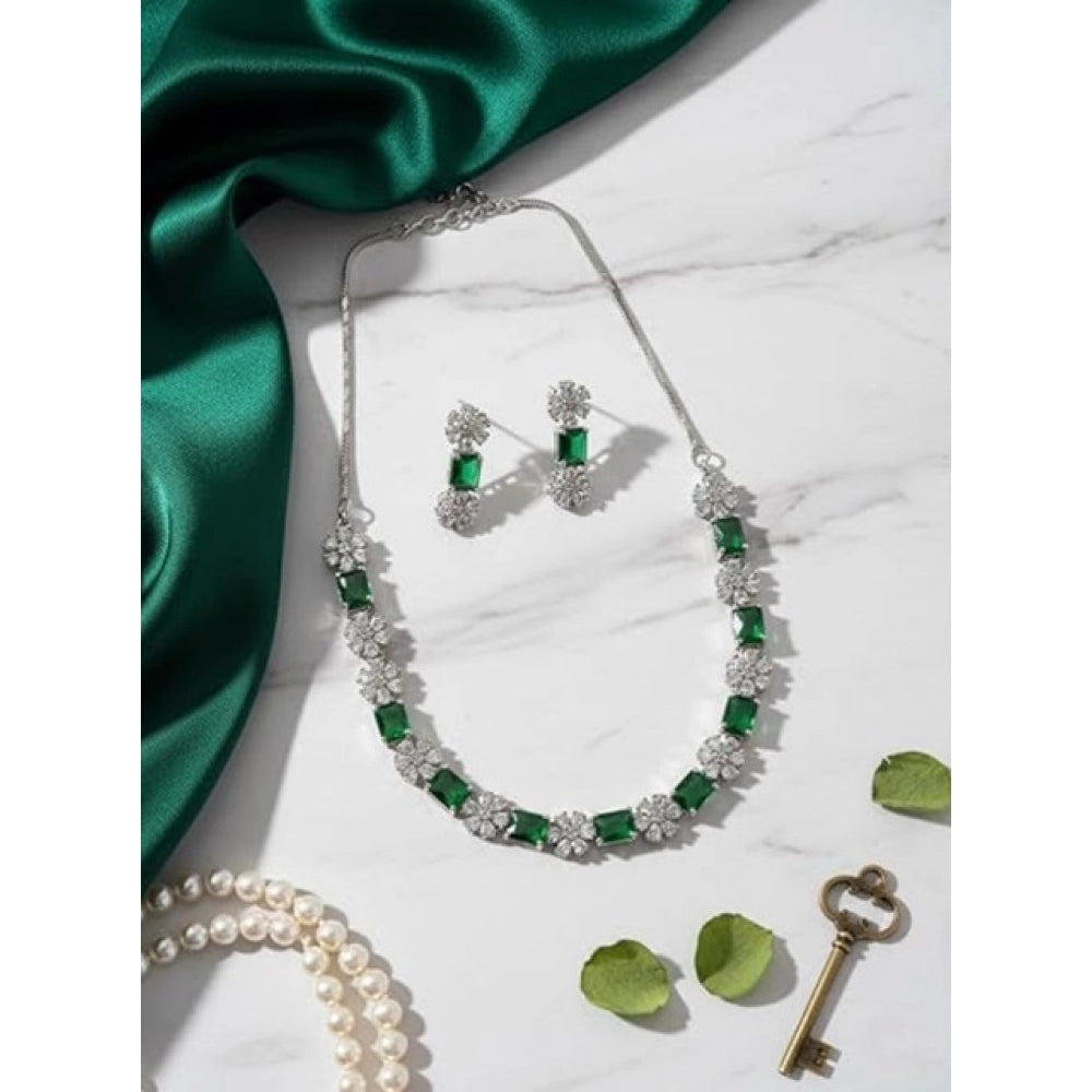 Women's Brass Silver Plated Necklace set (Green)
