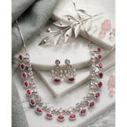 Women's Brass Silver Plated Necklace set (Pink)