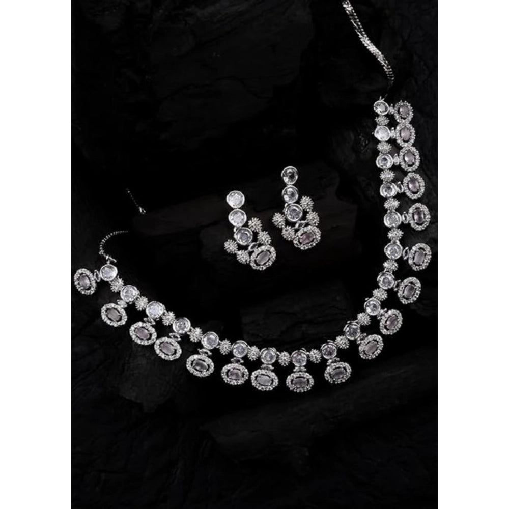 Women's Brass Silver Plated Necklace set (White)