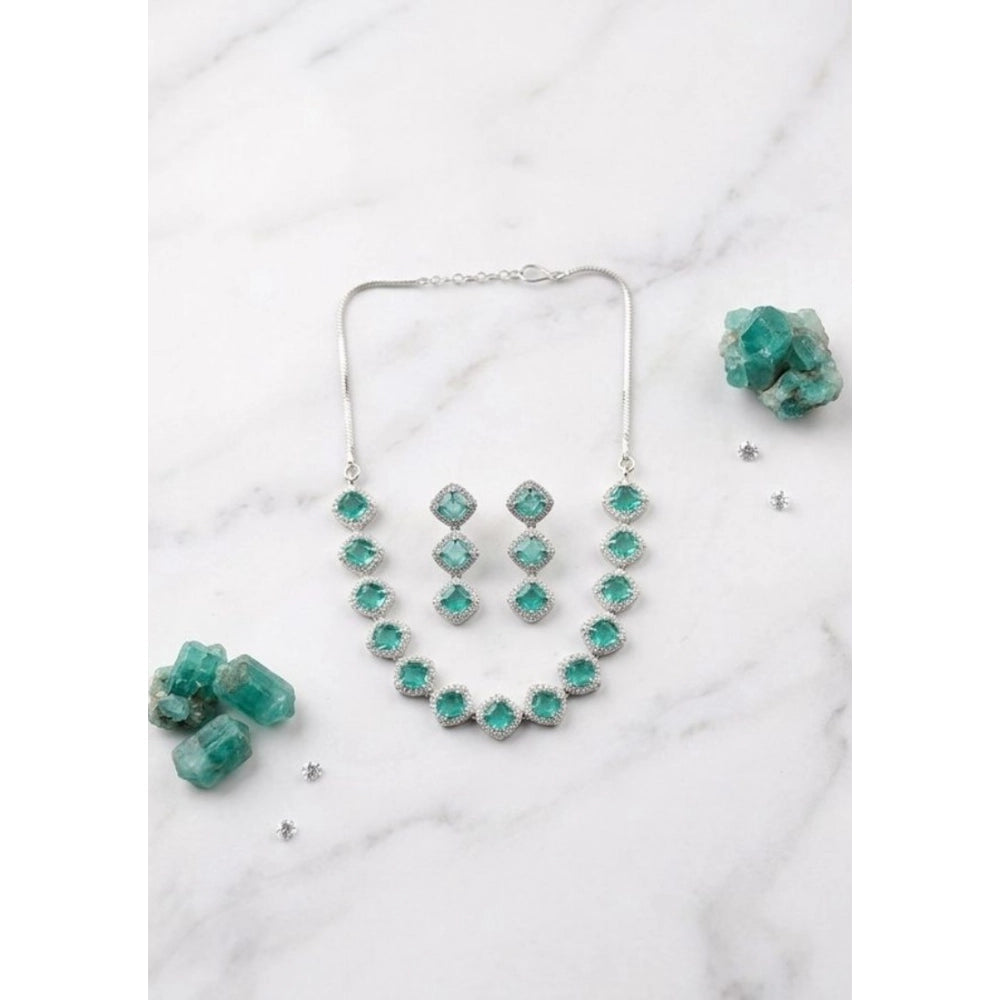 Women's Brass Silver Plated Necklace set (Green)