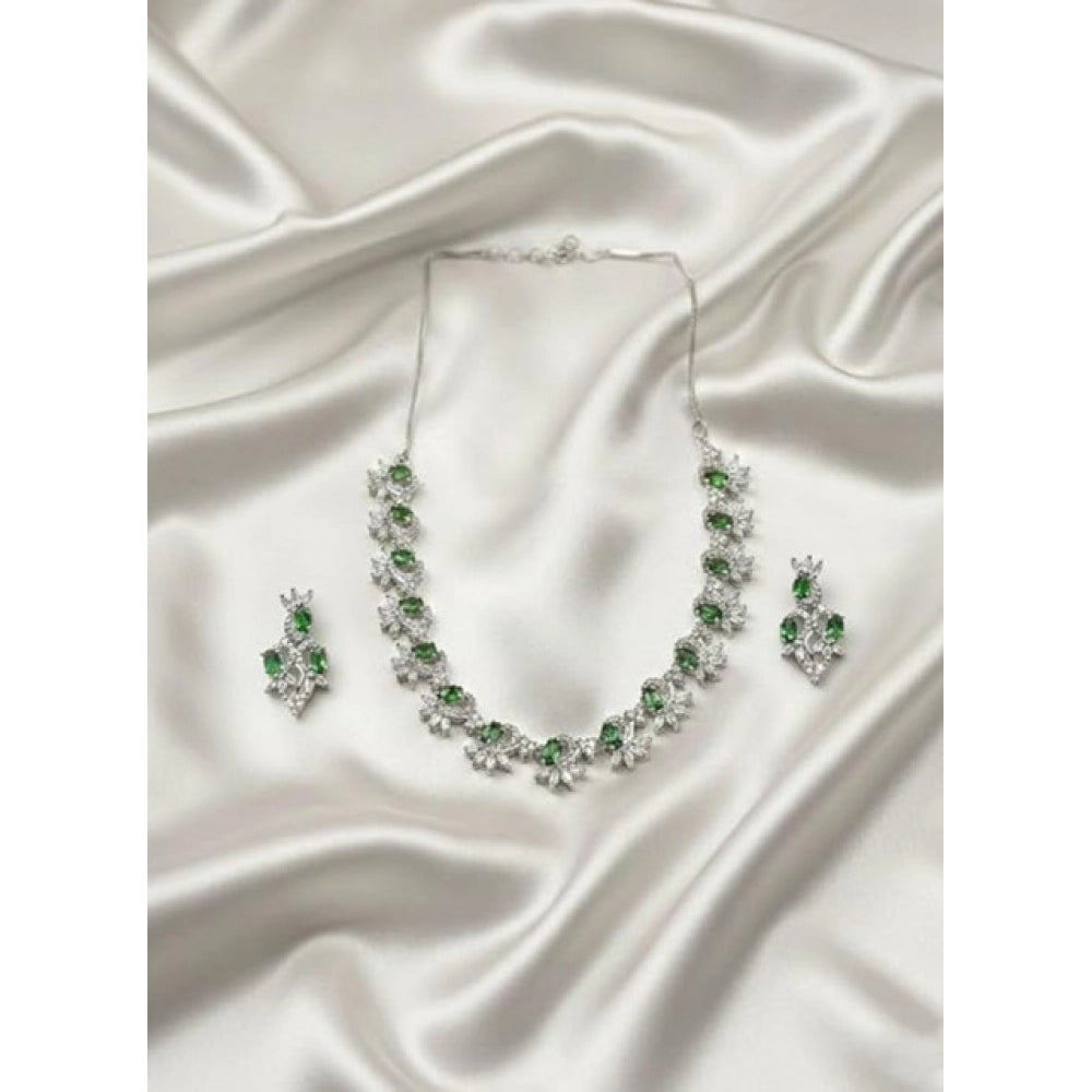 Women's Brass Silver Plated Necklace set (Green)
