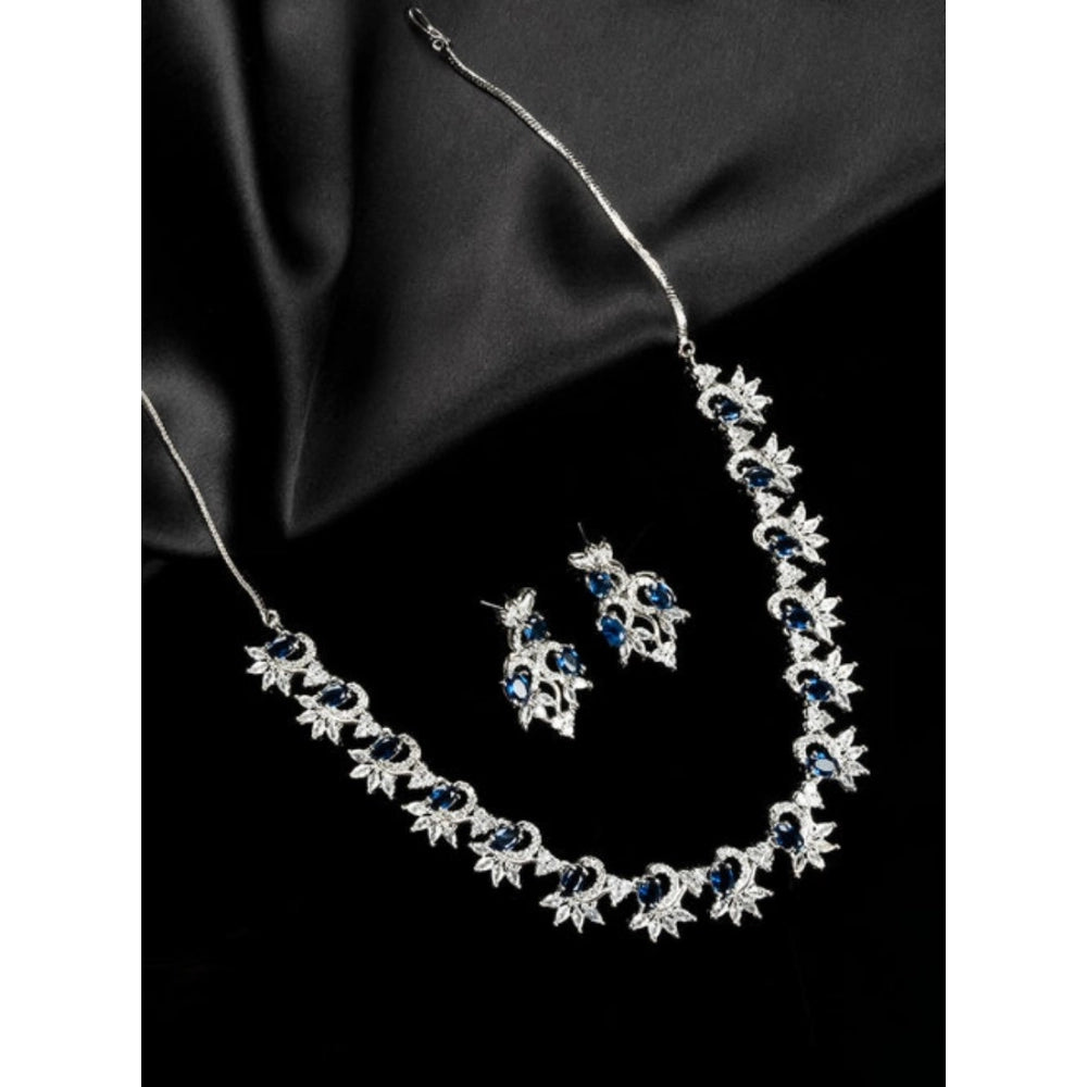 Women's Brass Silver Plated Necklace set (Blue)