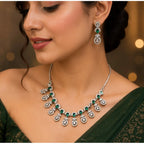 Women's Brass Silver Plated Necklace set (Green)