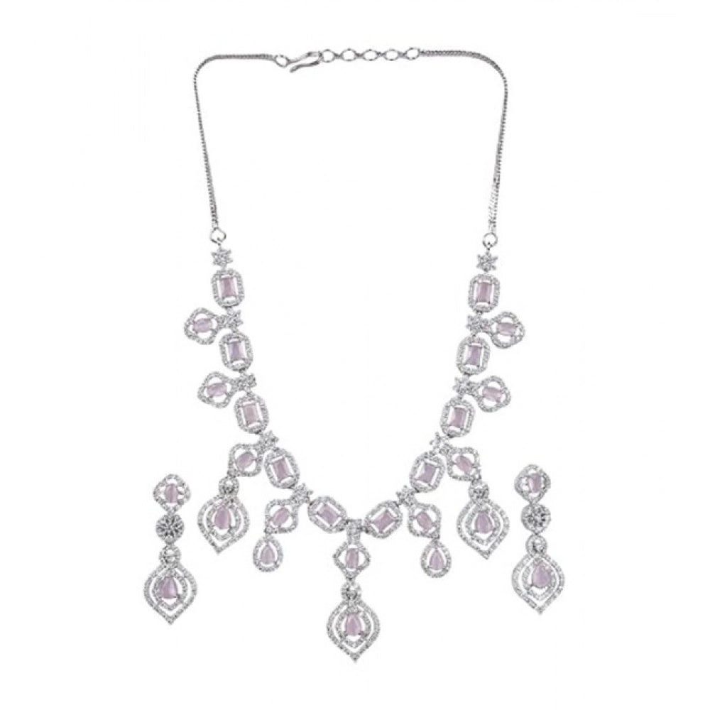 Women's Brass Silver Plated Necklace set (Pink)