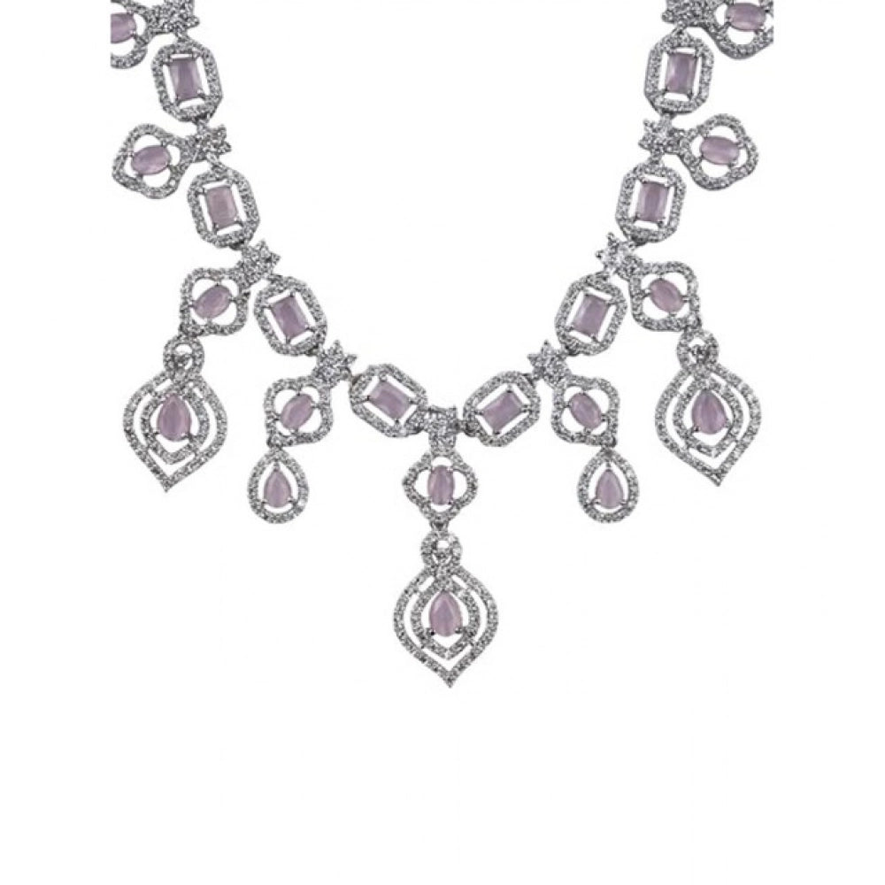 Women's Brass Silver Plated Necklace set (Pink)