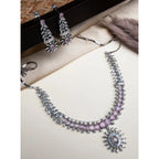 Women's Brass Silver Plated Necklace set (Pink)