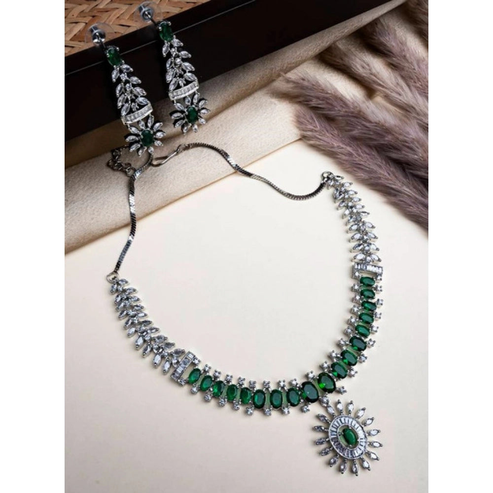 Women's Brass Silver Plated Necklace set (Green)