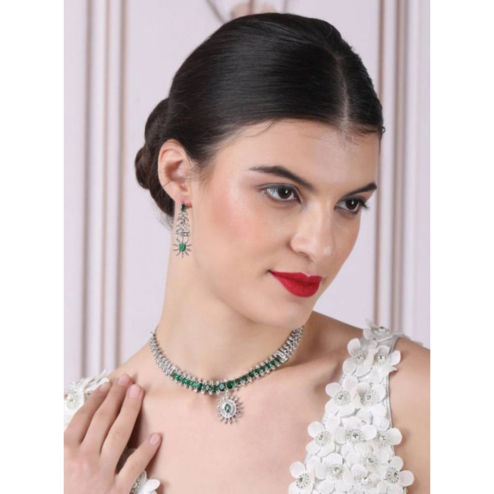 Women's Brass Silver Plated Necklace set (Green)