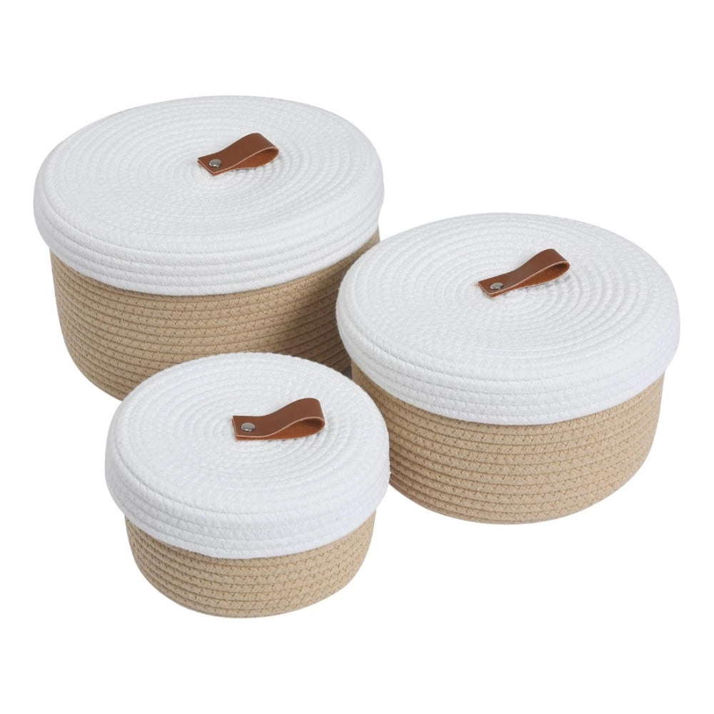 Cotton 3 Pcs Set Roti Box Storage Basket With Lid (Beige-White)