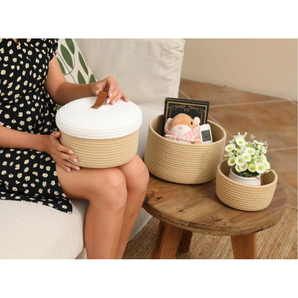 Cotton 3 Pcs Set Roti Box Storage Basket With Lid (Beige-White)
