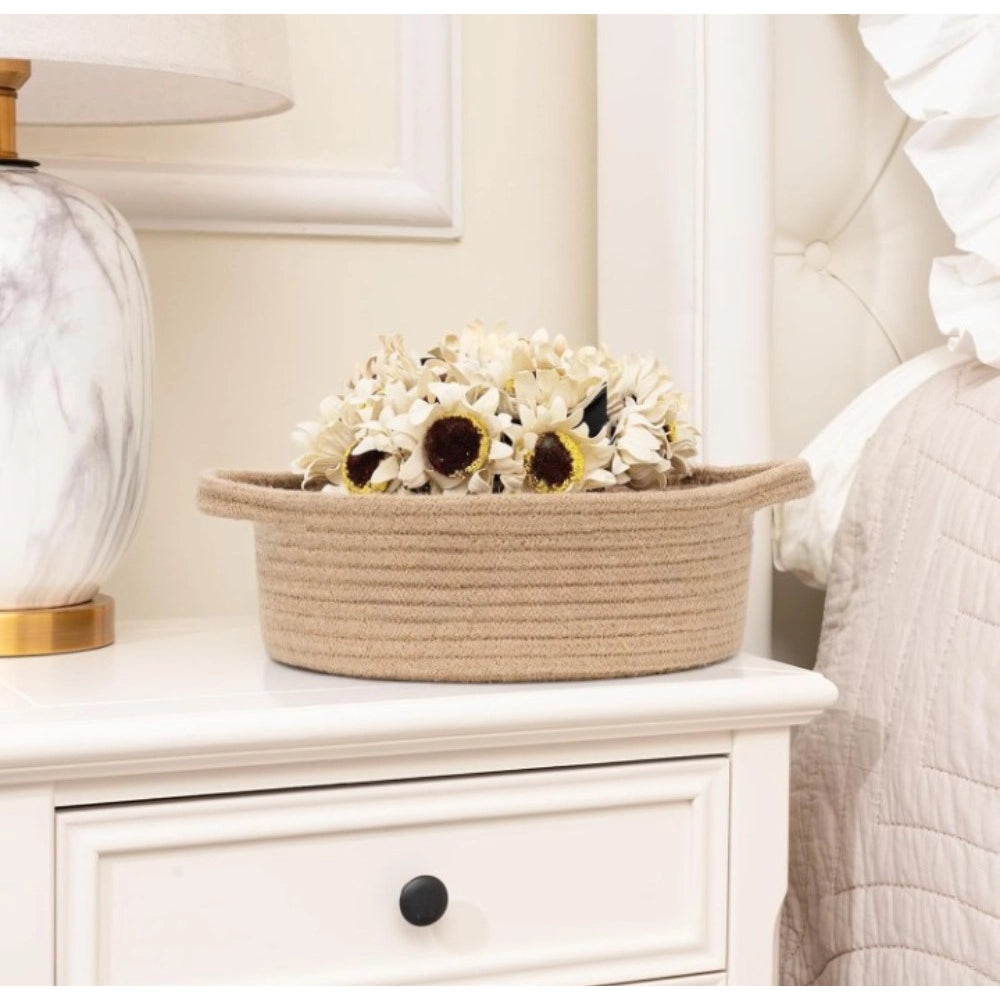 Cotton 8x3 Inch Round Bedside Organizer With Out Lid (Beige)