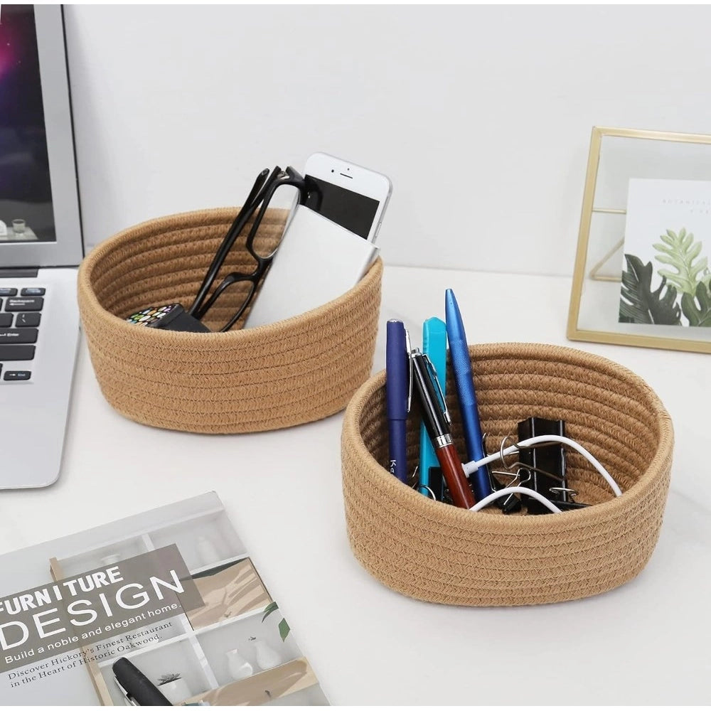Cotton 8x3 Inch Round 2 Set Bedside Organizer With Out Lid (Beige)