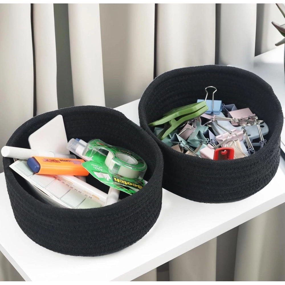Cotton 8x3 Inch Round 3 Set Bedside Organizer With Out Lid (Black)