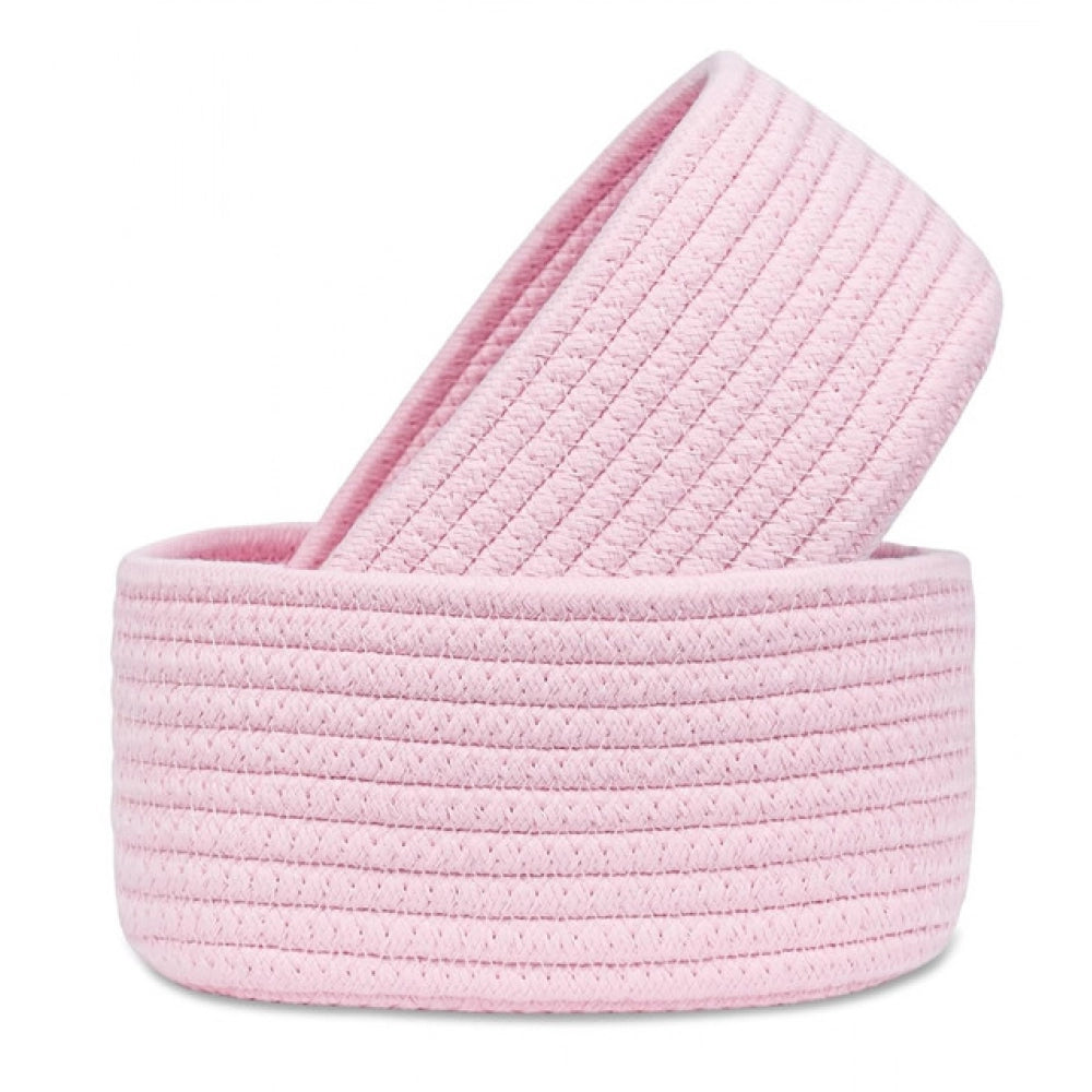 Cotton 8x3 Inch Round 2 Set Bedside Organizer With Out Lid (Pink)