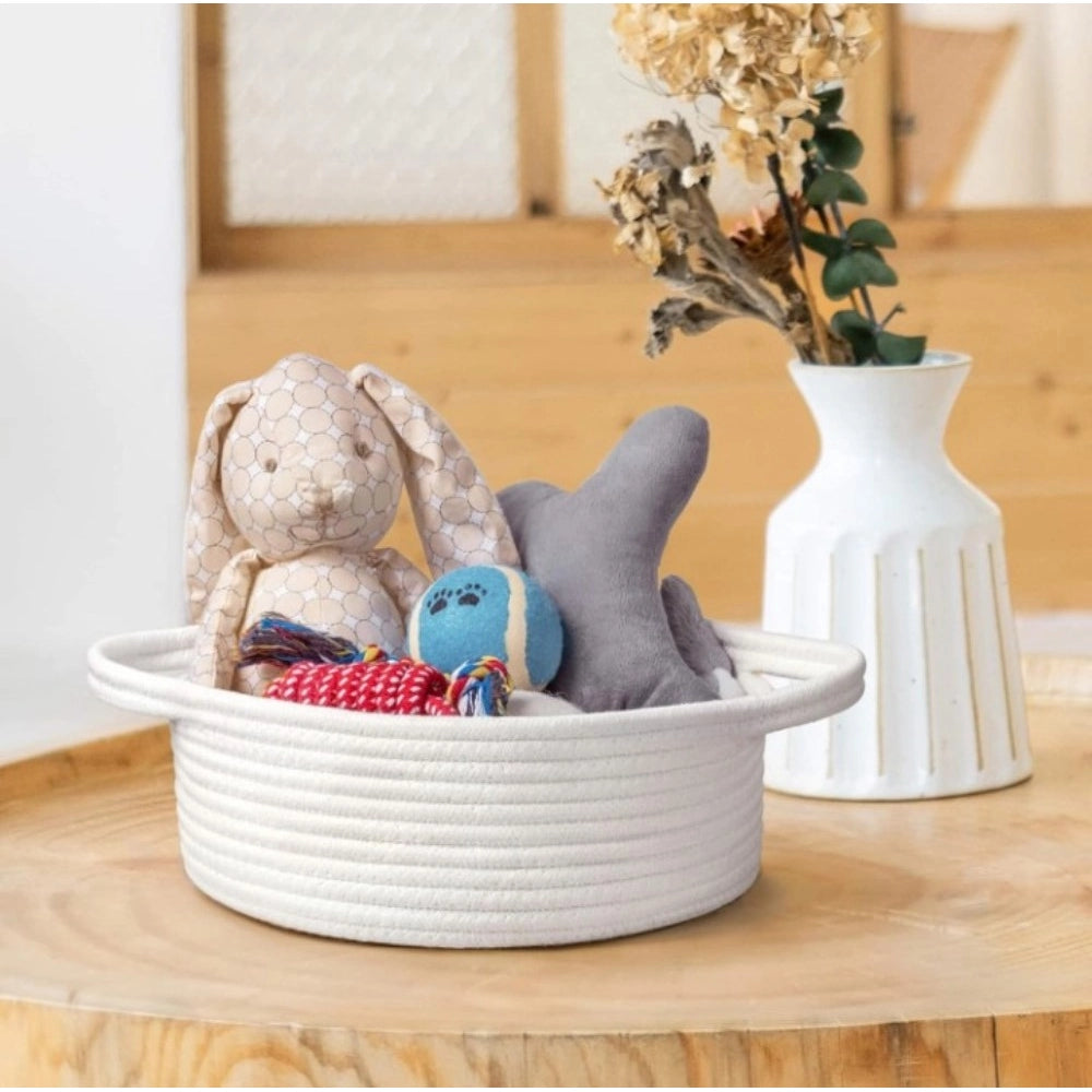 Cotton 8x3 Inch Round Bedside Organizer With Out Lid (White)